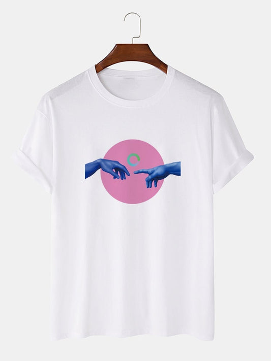 Men's 100% Cotton Hand Circle Print T-Shirt | Crew Neck Preppy Short Sleeve Style