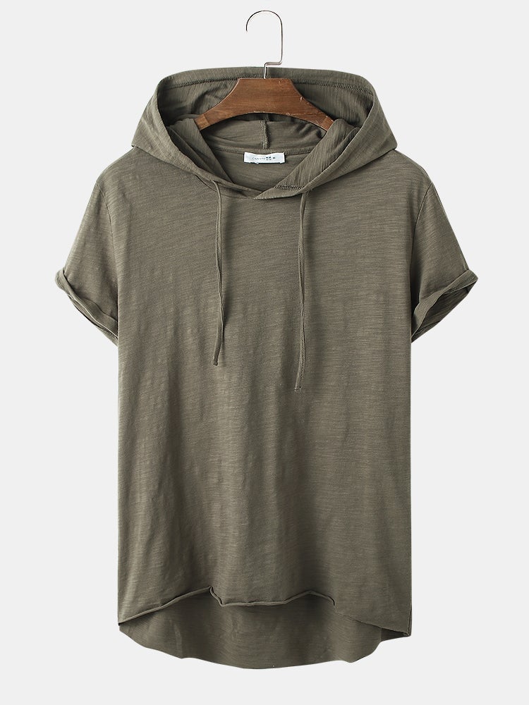 Men's Solid Color Drawstring Hooded T-Shirt | 100% Cotton Short Sleeve Style