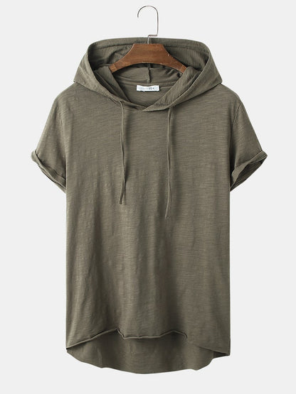 Men's Solid Color Drawstring Hooded T-Shirt | 100% Cotton Short Sleeve Style
