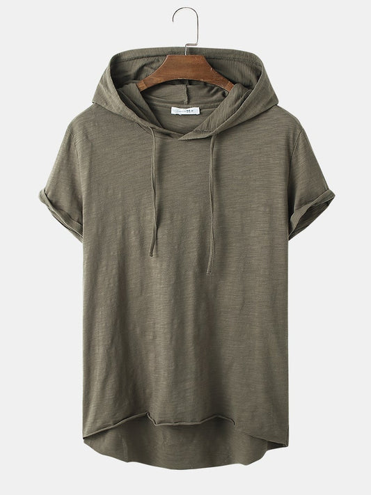 Men's Solid Color Drawstring Hooded T-Shirt | 100% Cotton Short Sleeve Style