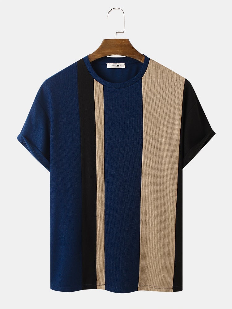 Men's Knitted Contrasting Color T-Shirt | Short Sleeve Stitching Style