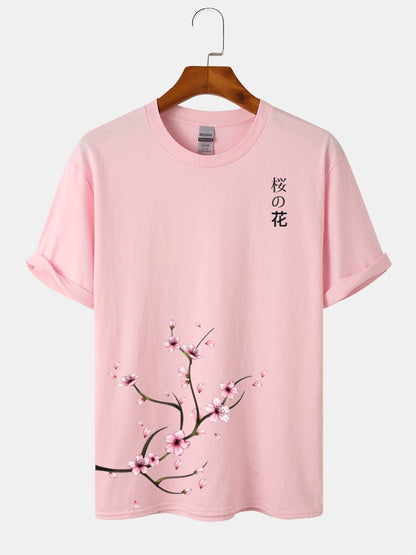 Men's Japanese Style Cherry Blossoms Print T-Shirt | Cotton Short Sleeve