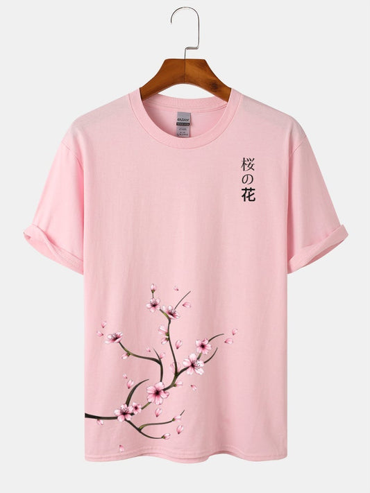 Men's Japanese Style Cherry Blossoms Print T-Shirt | Cotton Short Sleeve