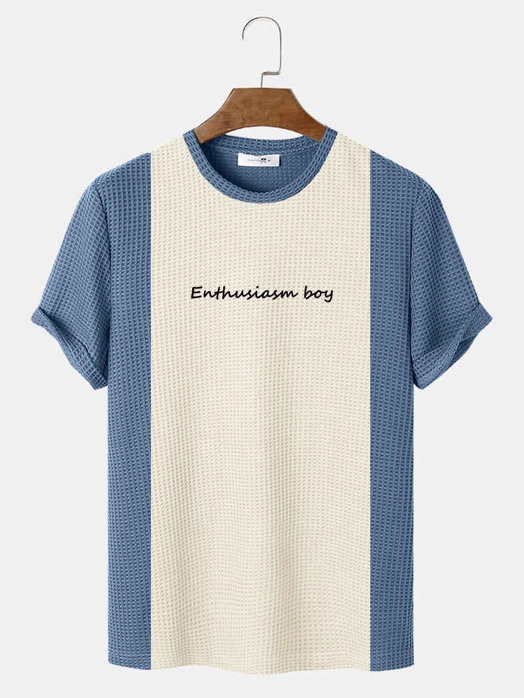 Men's Knitted Stitching Letter Embroidery T-Shirt | Crew Neck Short Sleeve Style