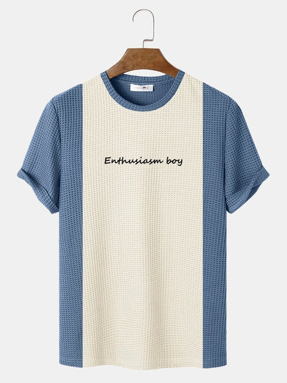 Men's Knitted Stitching Letter Embroidery T-Shirt | Crew Neck Short Sleeve Style