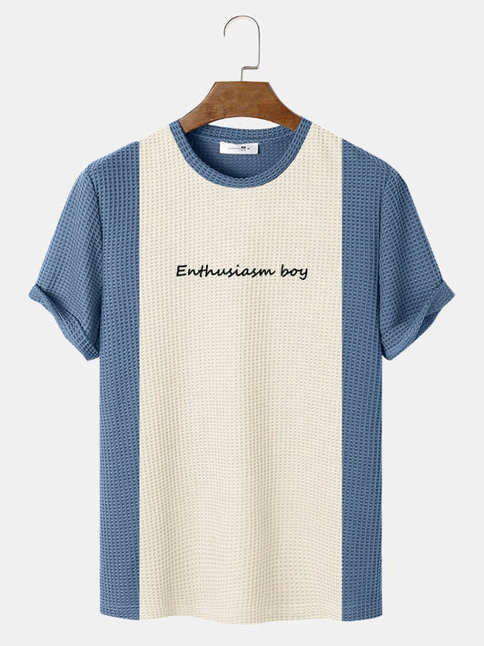 Men's Knitted Stitching Letter Embroidery T-Shirt | Crew Neck Short Sleeve Style