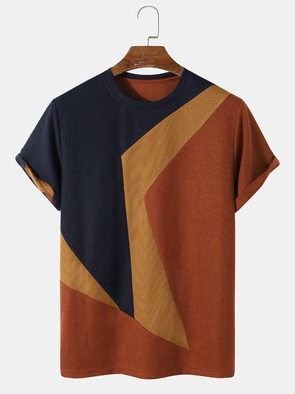 Men's Knit Irregular Color Block T-Shirt | Preppy Stitching Short SleeveMen's Knit Irregular Color Block T-Shirt | Preppy Stitching Short Sleeve