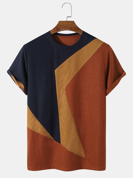 Men's Knit Irregular Color Block T-Shirt | Preppy Stitching Short SleeveMen's Knit Irregular Color Block T-Shirt | Preppy Stitching Short Sleeve
