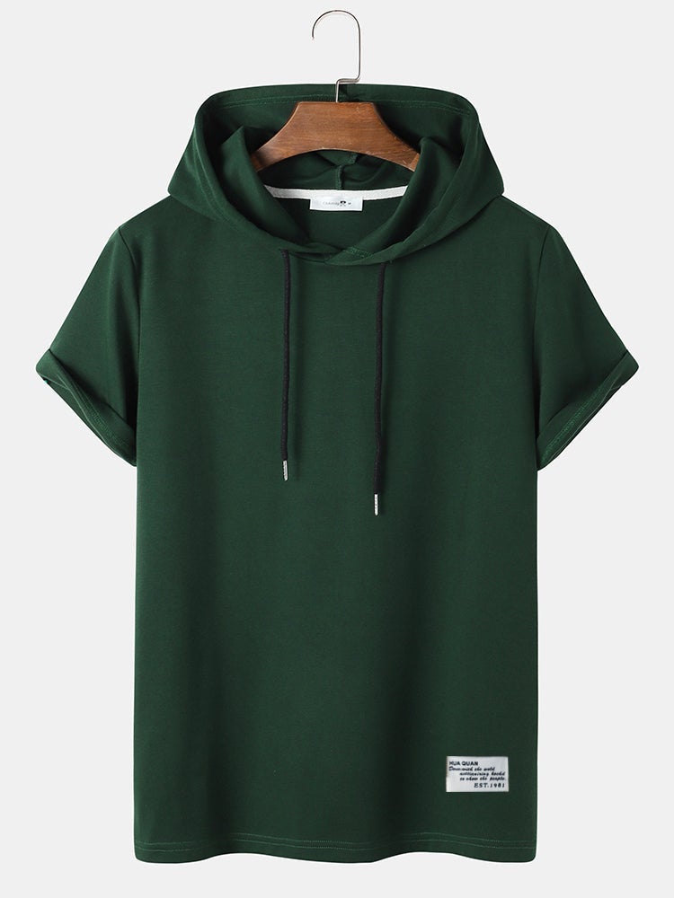 Men's Solid Color Casual T-Shirt | Short Sleeve Drawstring Hooded Style