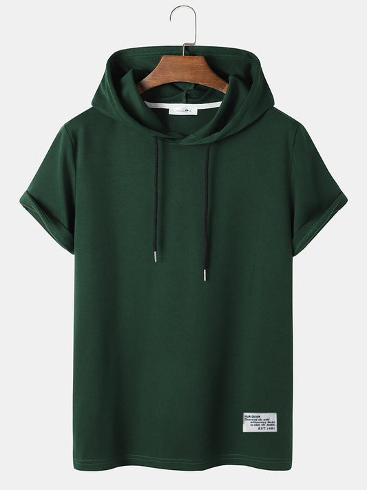 Men's Solid Color Casual T-Shirt | Short Sleeve Drawstring Hooded Style
