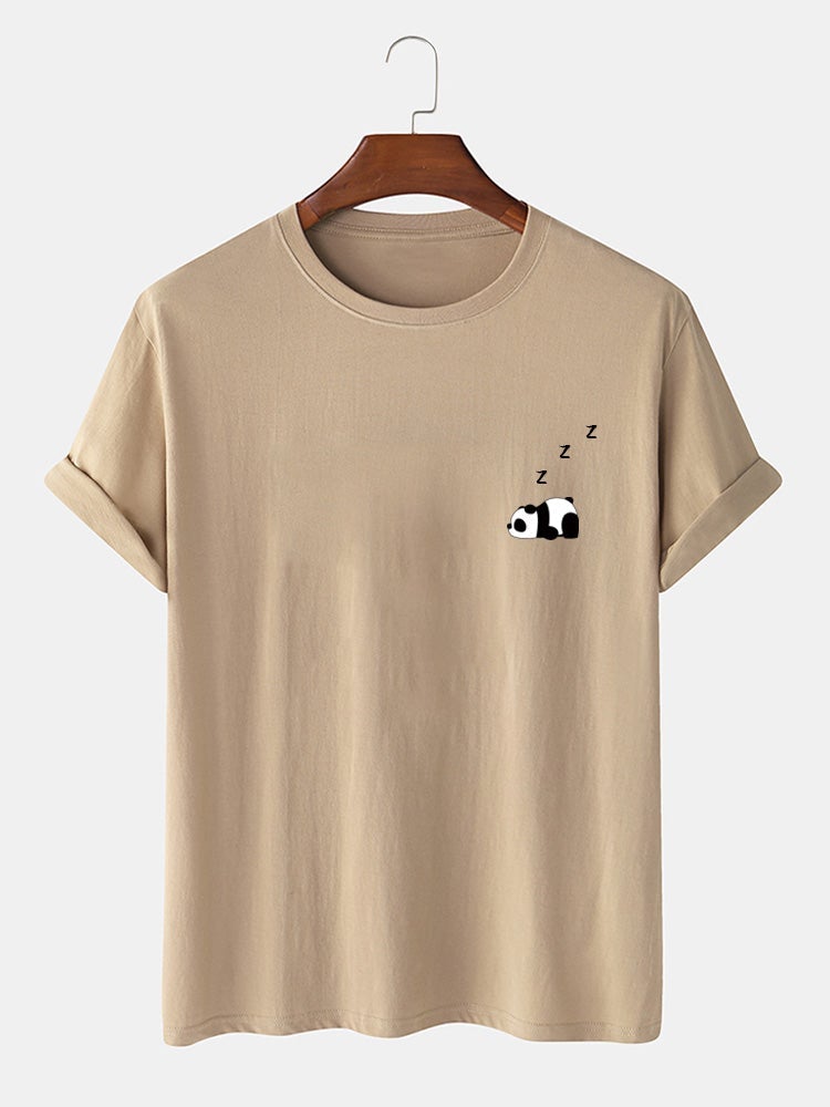 Men's 100% Cotton Panda Print T-Shirt | Solid Color Thin Casual Style