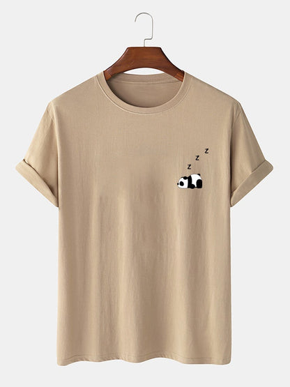 Men's 100% Cotton Panda Print T-Shirt | Solid Color Thin Casual Style