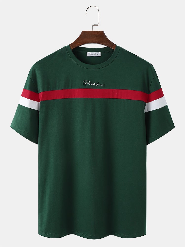 Men's Stripe Spliced Embroidered T-Shirt | Loose Varsity Short Sleeve Style