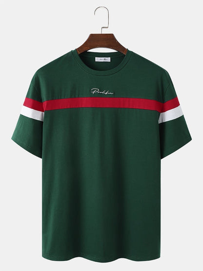 Men's Stripe Spliced Embroidered T-Shirt | Loose Varsity Short Sleeve Style