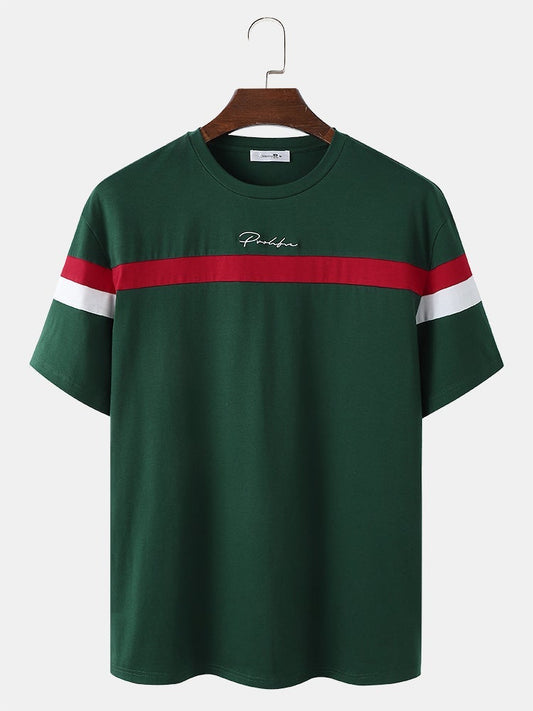 Men's Stripe Spliced Embroidered T-Shirt | Loose Varsity Short Sleeve Style