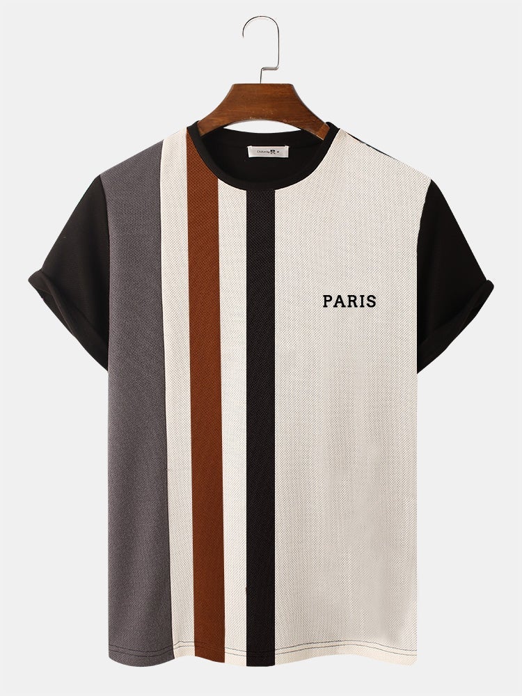 Men's Striped Patchwork Knit T-Shirt | Crew Neck Preppy Short Sleeve Style
