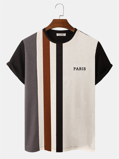 Men's Striped Patchwork Knit T-Shirt | Crew Neck Preppy Short Sleeve Style