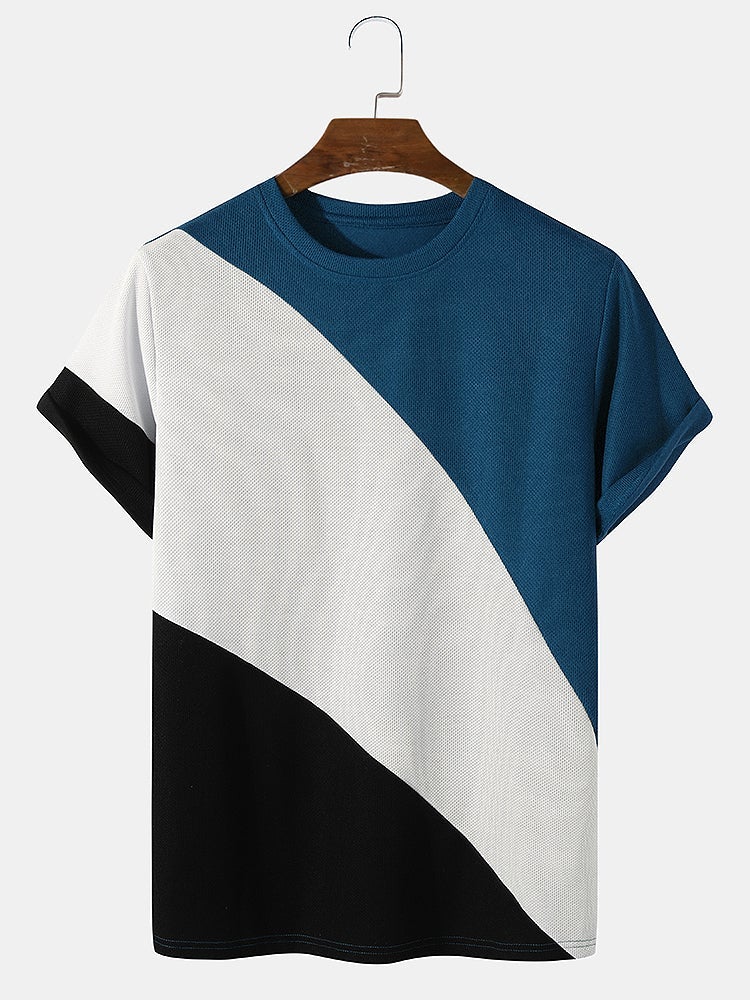 Men's Knit Color Block Panel T-Shirt | Loose Preppy Patchwork Short Sleeve