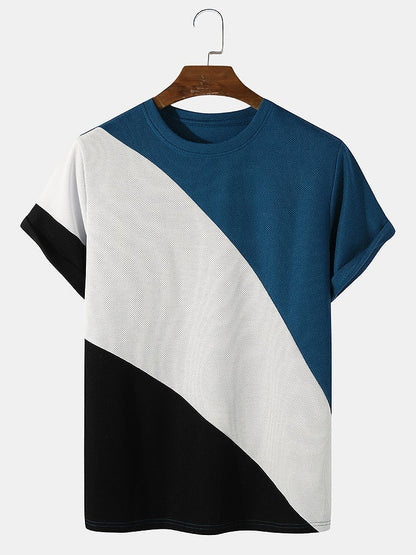 Men's Knit Color Block Panel T-Shirt | Loose Preppy Patchwork Short Sleeve
