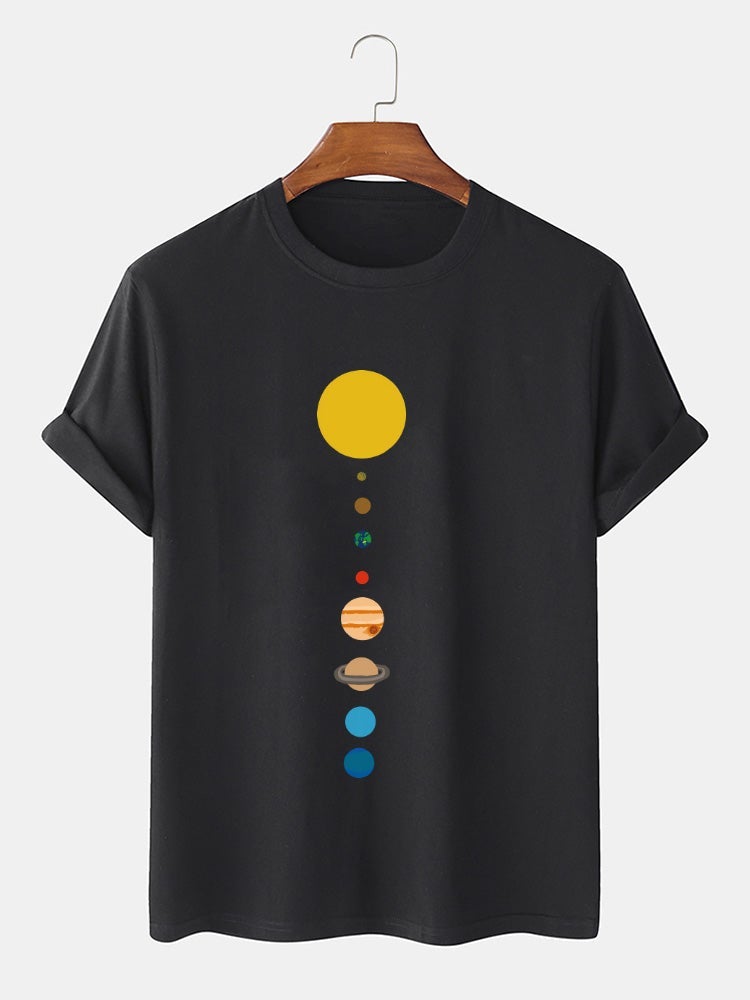 Men's 100% Cotton Cartoon Planet Print T-Shirt | Solid Thin Loose O-Neck Design