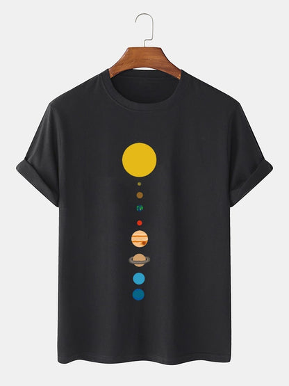 Men's 100% Cotton Cartoon Planet Print T-Shirt | Solid Thin Loose O-Neck Design