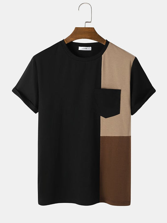 Men's Tricolor Patchwork Pocket T-Shirt | Crew Neck Short Sleeve Style