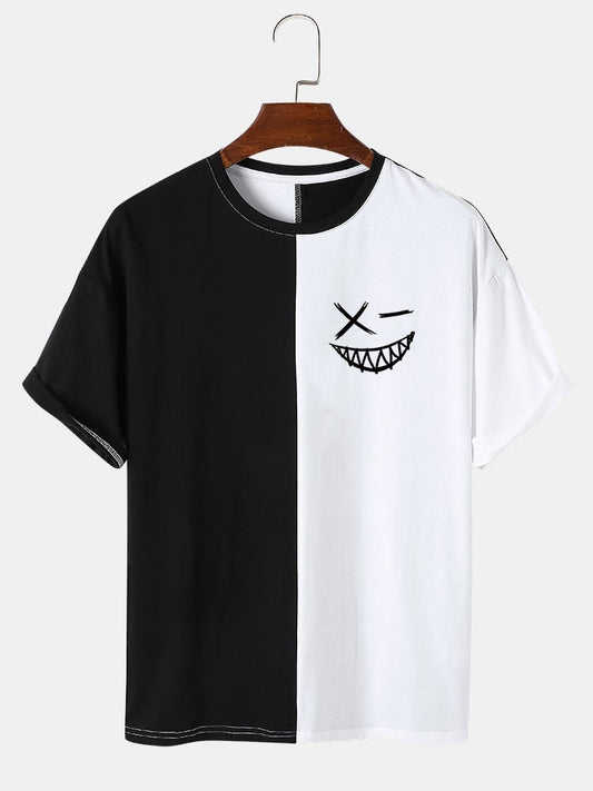 Men's Two-Tone Patchwork T-Shirt | Funny Face Print Preppy Short Sleeve