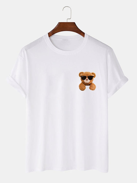 Men's 100% Cotton Cool Bear Print T-Shirt | Preppy Short Sleeve Style