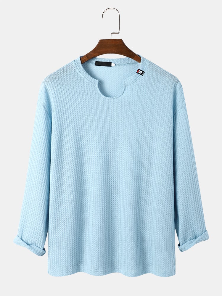 Men's Knit Texture Side Split T-Shirt | Loose Long Sleeve Plain Style