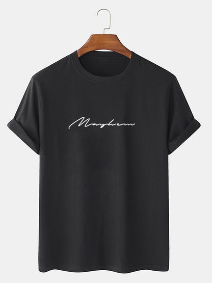 Men's 100% Cotton Letter Script Print T-Shirt | Casual Short Sleeve Style