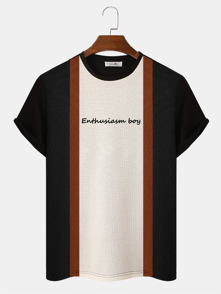 Men's Block Stripe Patchwork T-Shirt | Letter Embroidery Knitted Short Sleeve Preppy Style
