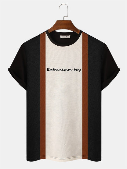 Men's Block Stripe Patchwork T-Shirt | Letter Embroidery Knitted Short Sleeve Preppy Style