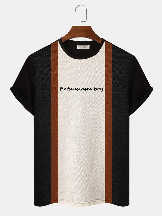 Men's Block Stripe Patchwork T-Shirt | Letter Embroidery Knitted Short Sleeve Preppy Style