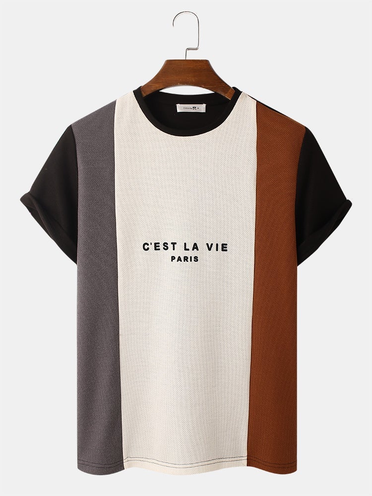 Men's Letter Pattern Knitted Patchwork T-Shirt | Crew Neck Short Sleeve