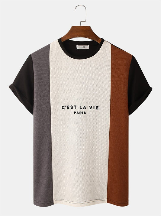 Men's Letter Pattern Knitted Patchwork T-Shirt | Crew Neck Short Sleeve