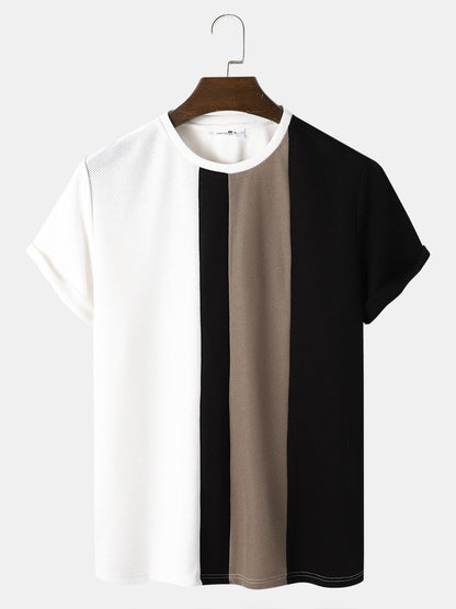 Men's Block Stripe Stitching T-Shirt | Knitted Preppy Short Sleeve Style