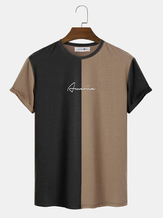 Men's Letter Embroidered Colorblock T-Shirt | Street Style Short Sleeve Patchwork