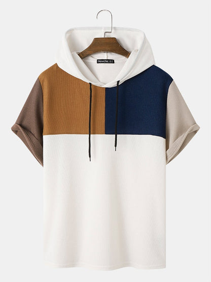 Men's Waffle Knit Color Block T-Shirt | Loose Patchwork Short Sleeve Hooded Style