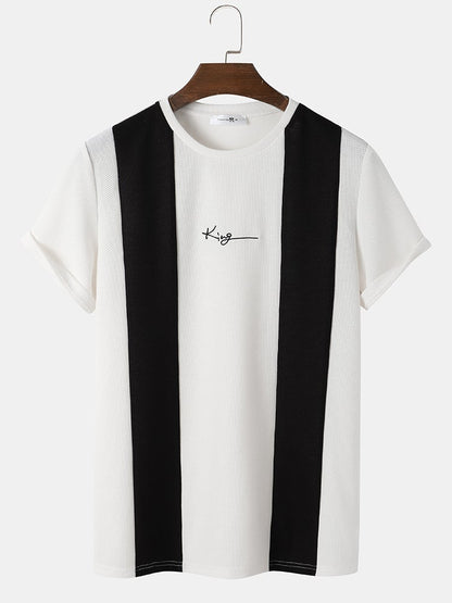Men's Knit Two-Tone Patchwork T-Shirt | Embroidered Preppy Short Sleeve Style