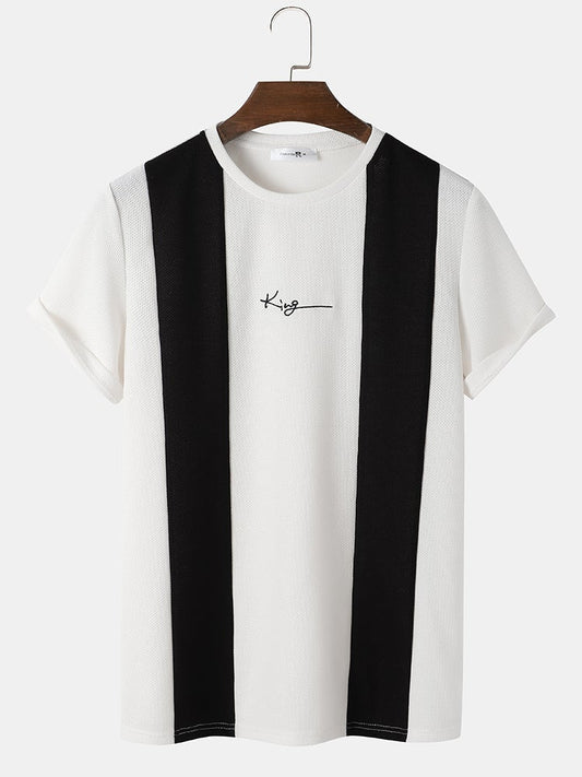 Men's Knit Two-Tone Patchwork T-Shirt | Embroidered Preppy Short Sleeve Style