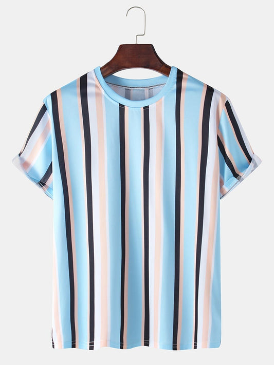 Men's Vertical Stripes Print T-Shirt | Loose Casual Breathable Round Neck Style