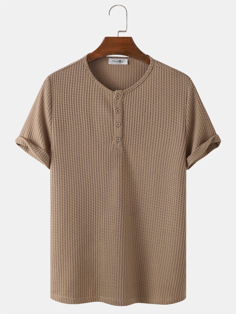 Men's Knitted Waffle T-Shirt | Solid Color Casual Short Sleeve Style