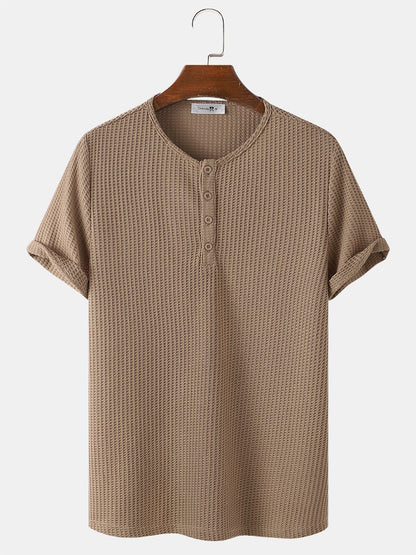 Men's Knitted Waffle T-Shirt | Solid Color Casual Short Sleeve Style