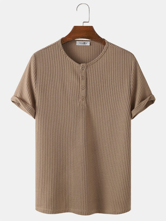 Men's Knitted Waffle T-Shirt | Solid Color Casual Short Sleeve Style