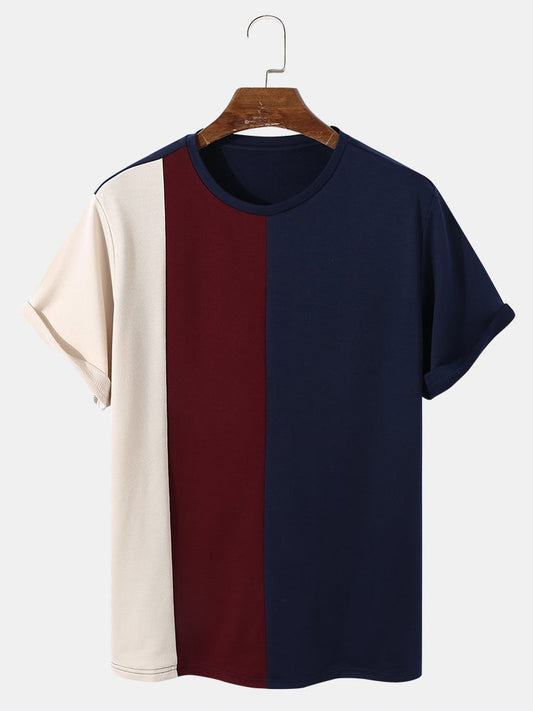 Men's Tricolor Patchwork T-Shirt | Crew Neck Short Sleeve Preppy Style