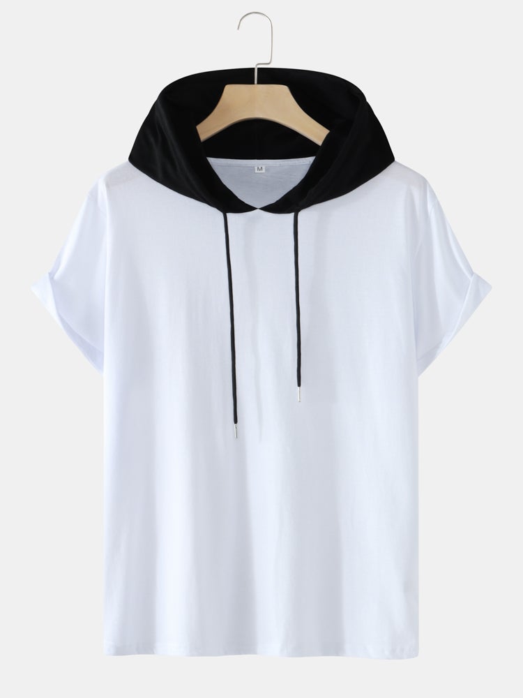 Men's Two-Tone Cotton T-Shirt | Casual Short Sleeve with Drawstring Hood