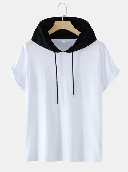 Men's Two-Tone Cotton T-Shirt | Casual Short Sleeve with Drawstring Hood