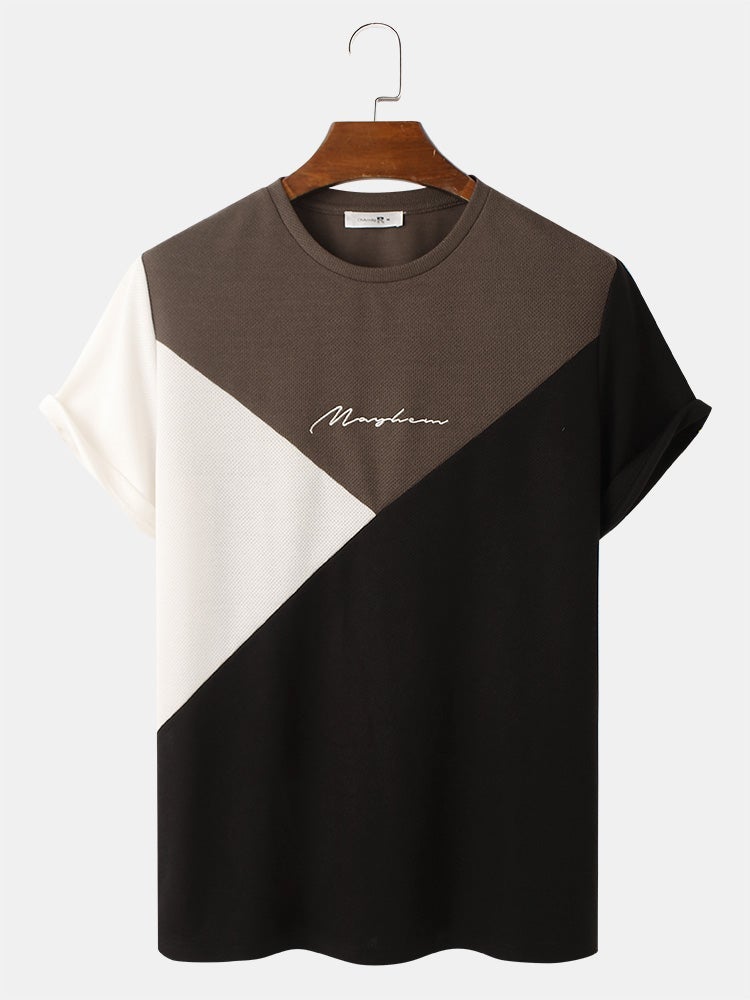 Men's Tricolor Knitted Texture T-Shirt | Embroidery Short Sleeve Style