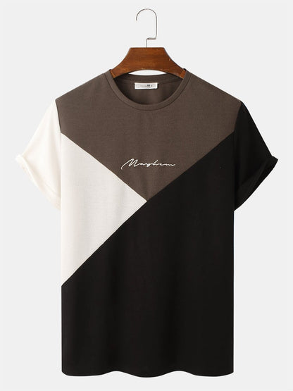 Men's Tricolor Knitted Texture T-Shirt | Embroidery Short Sleeve Style