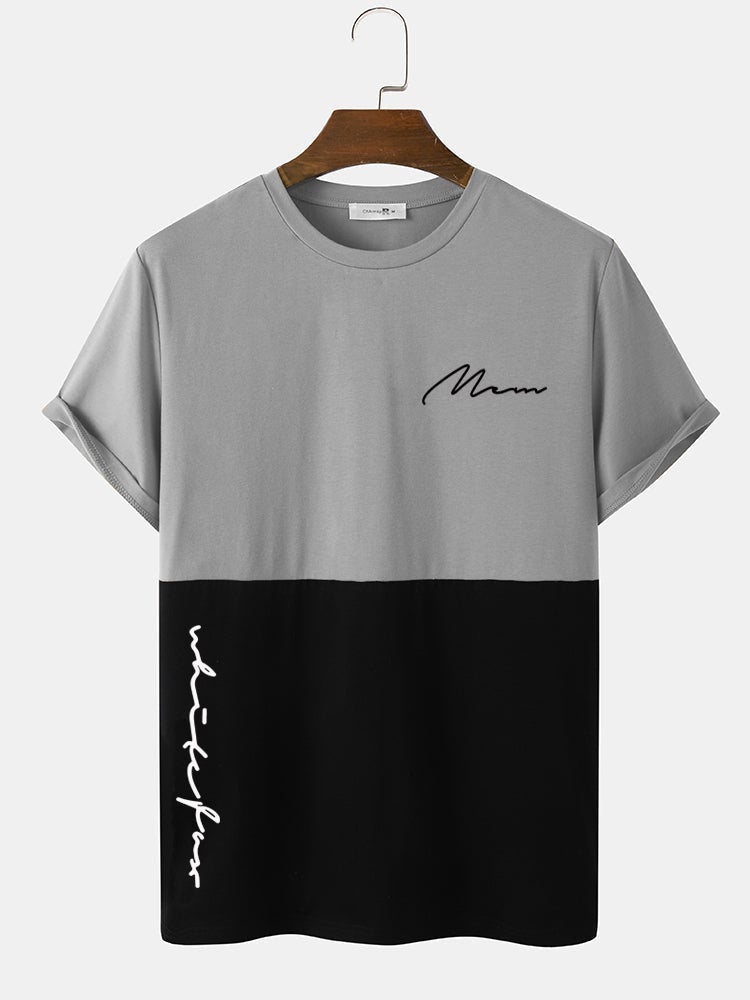 Men's Script Print Two-Tone Stitching T-Shirt | Casual Short Sleeve Style